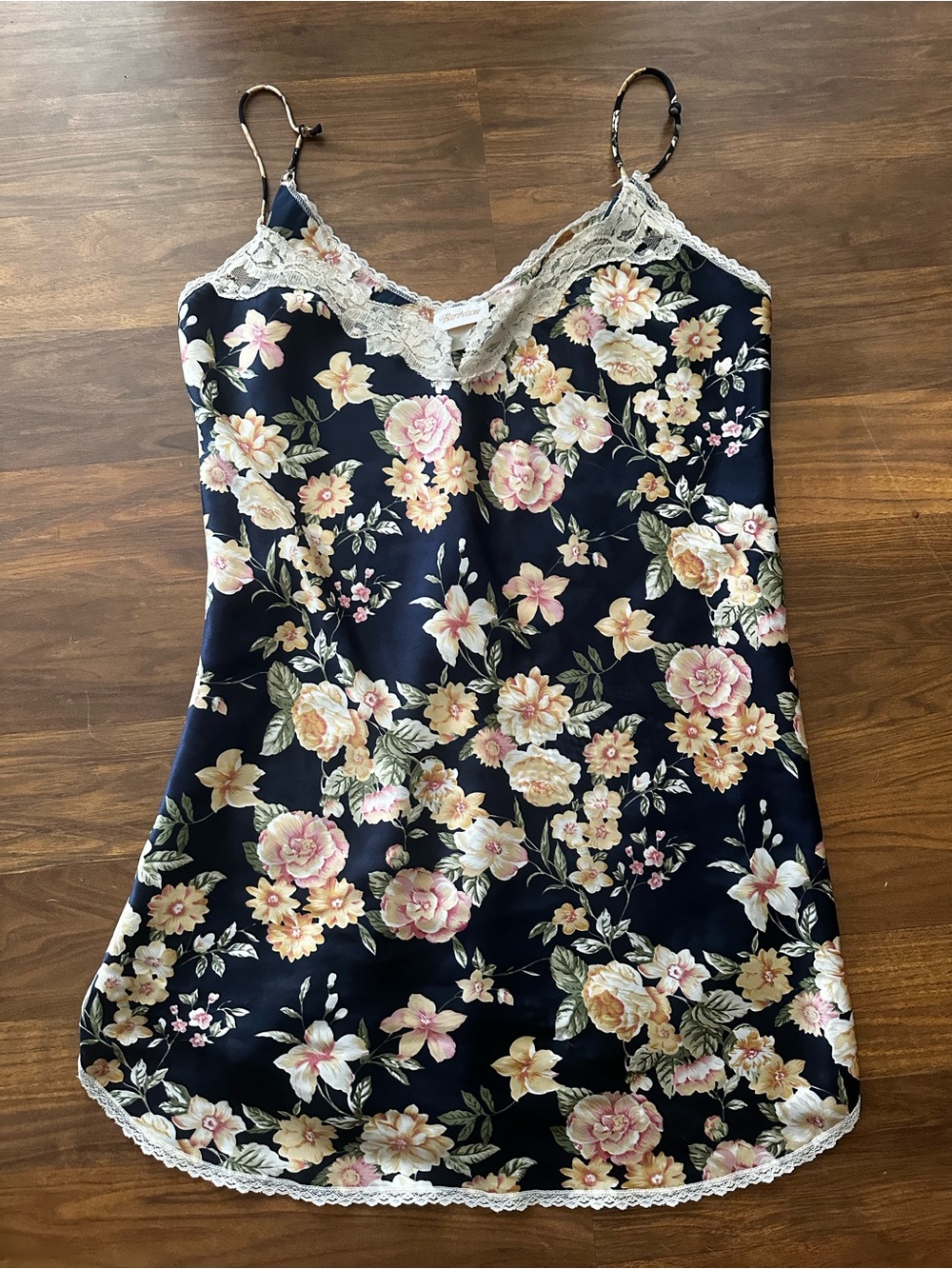 Vintage 1950s Navy Floral Lace-Trim Satin Chemise - Women's Sleepwear